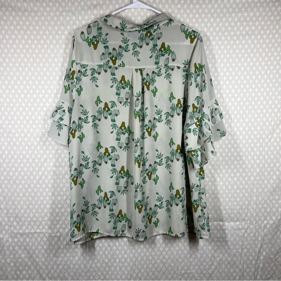 ModCloth Green Cactus Print Ruffle Sleeve Button Up Top - Picture 5 of 5